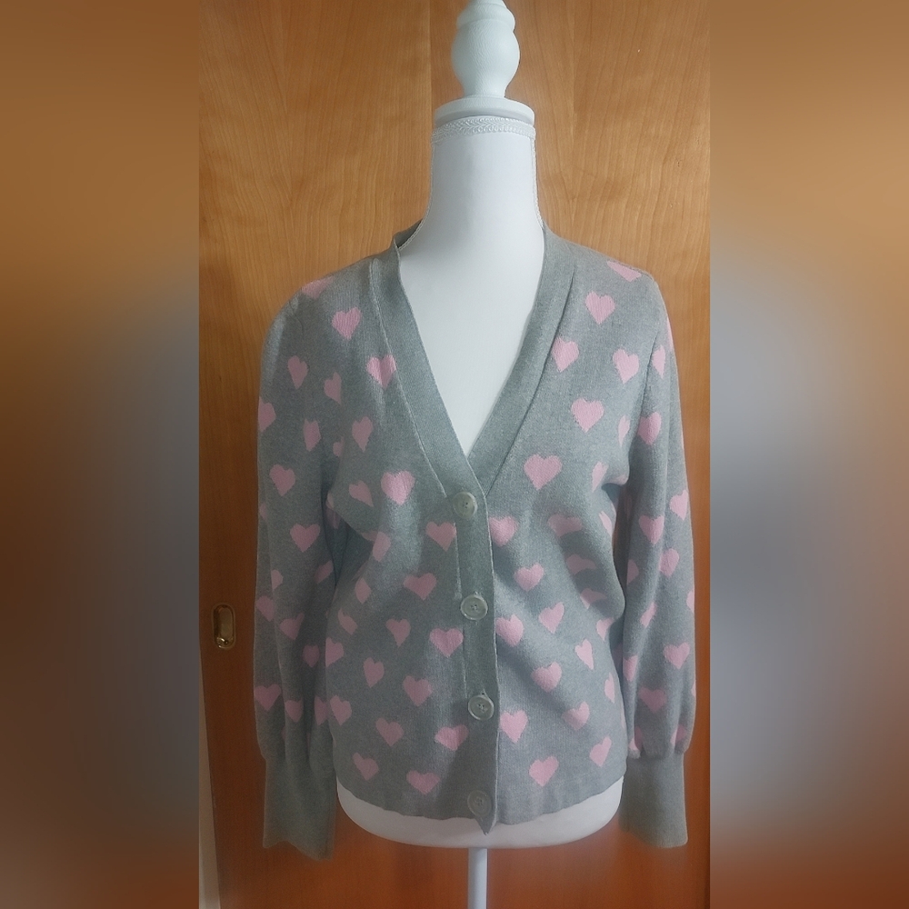 CeCe Gray Cardigan with Pink Heart Pattern